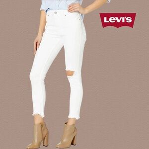Levis 721 Denim Jeans White Hi-Rise Skinny Ankle 5-Pocket Distressed Raw Hem